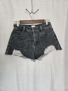 Alice + Olivia Washed Black Distressed High-Rise Denim Shorts Size 27